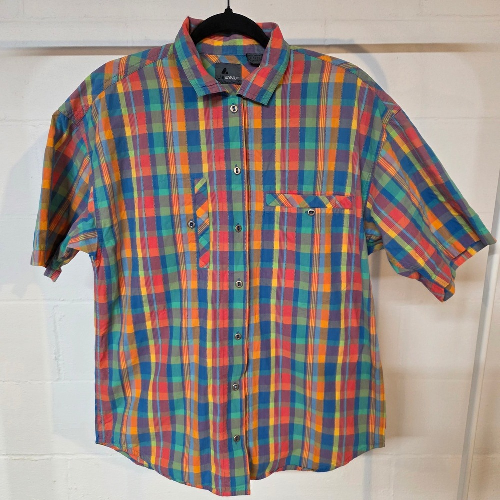Vintage Liz Wear Short Sleeve Plaid Button Up Shirt Multicolored Casual‎ Women L